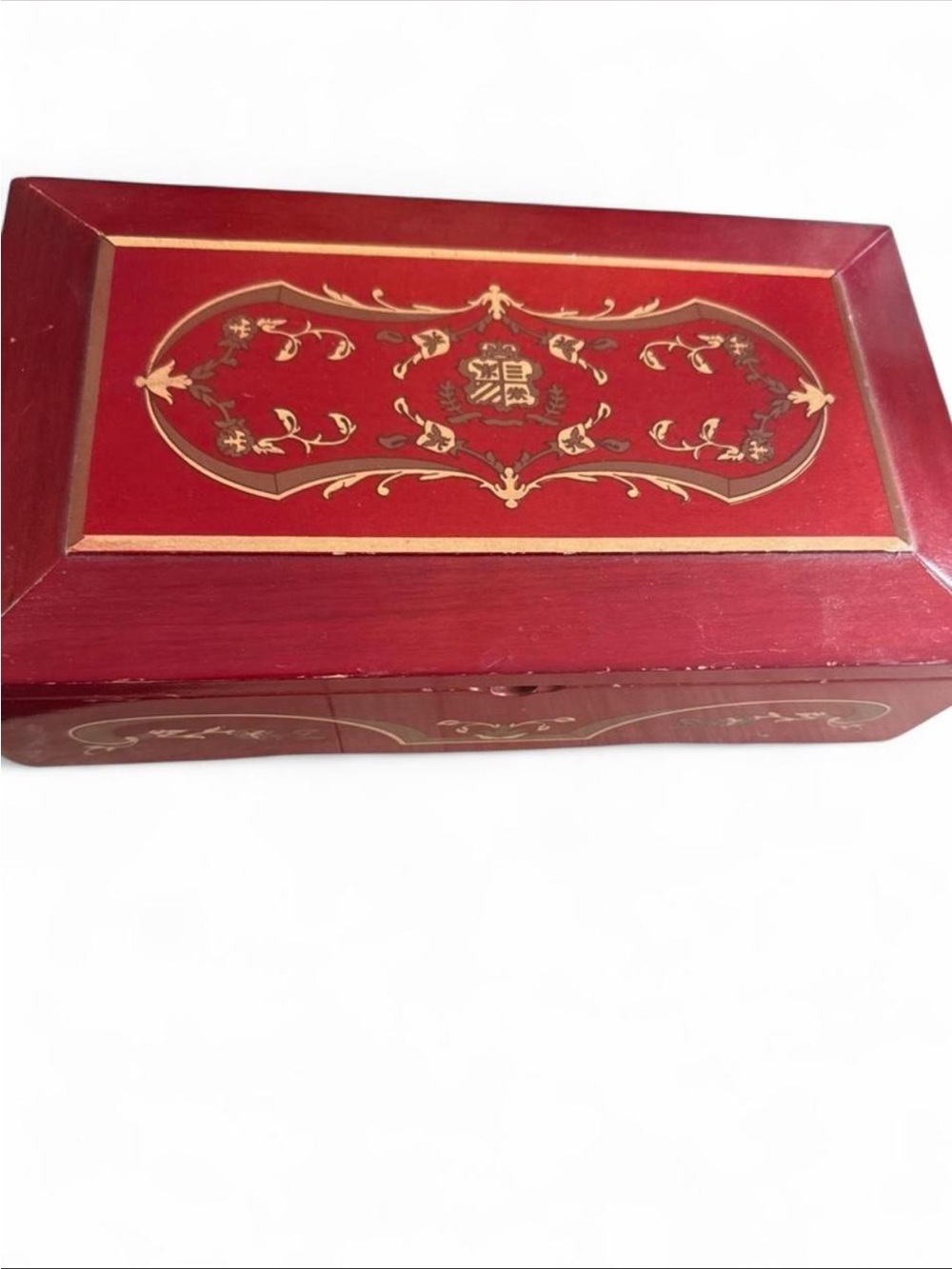 Vintage Red Decorative Wooden Jewelry Box with Gold Detailing